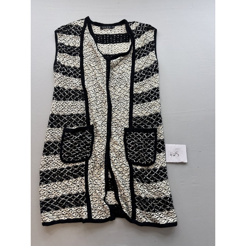 ZOZO Womens Black White Striped Open Knit Sleeveless Cardigan Vest Tunic M